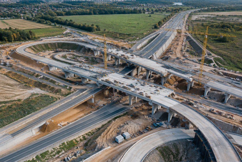 new highway interchange under construction with cranes, aerial view new highway interchange under construction with cranes, aerial view