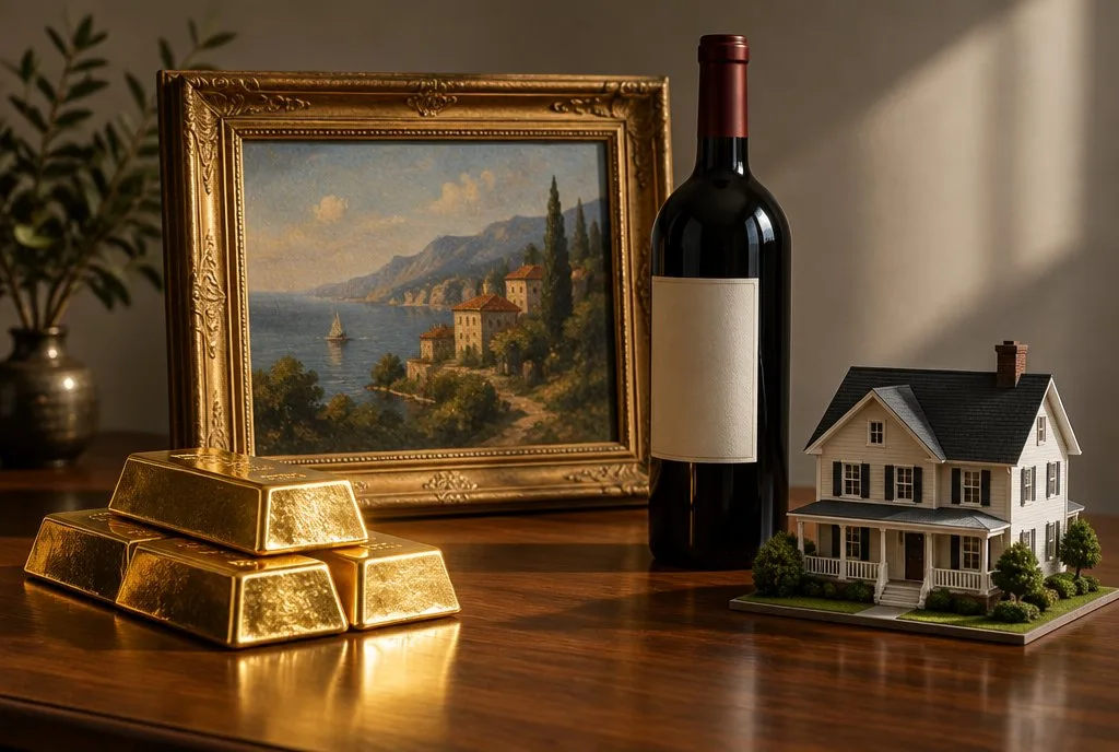 vineyard, gold bars and art canvas arranged as assets on a table, studio still life