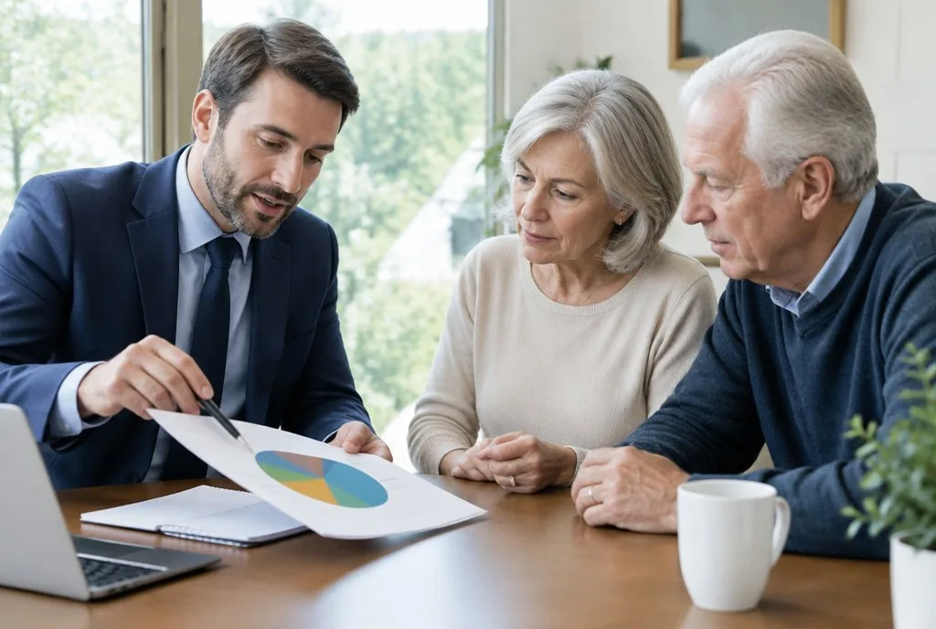 wealth manager explaining a pie chart to an older couple
