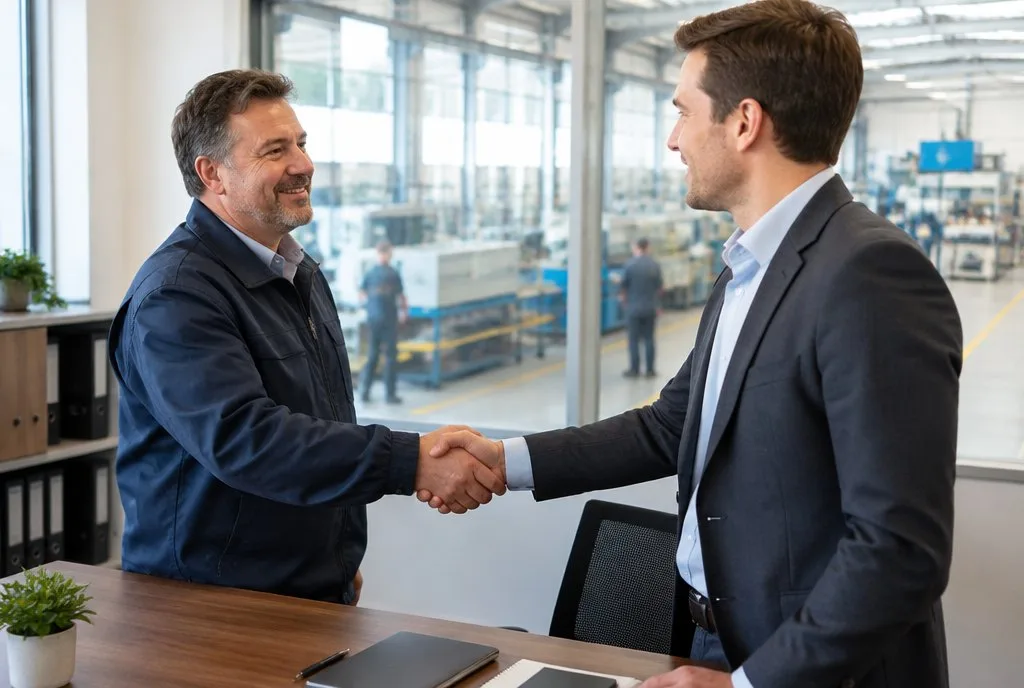 How To Get Private Equity Funding business owner shaking hands with an investor in a factory office