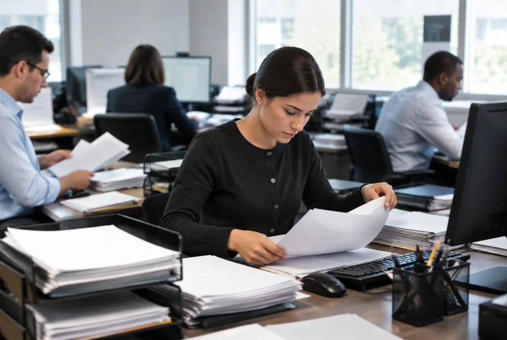 bank back office with staff processing documents