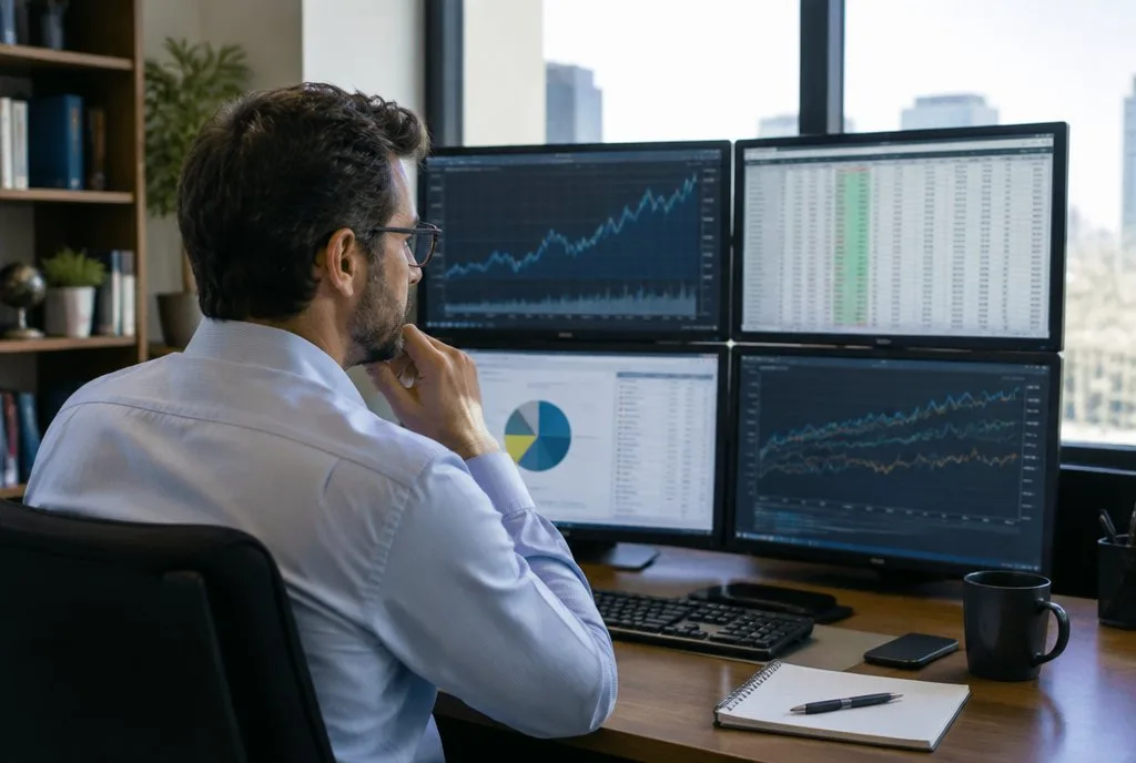 Introduction To Alternative Funds fund analyst reviewing a portfolio on multiple screens in a quiet office