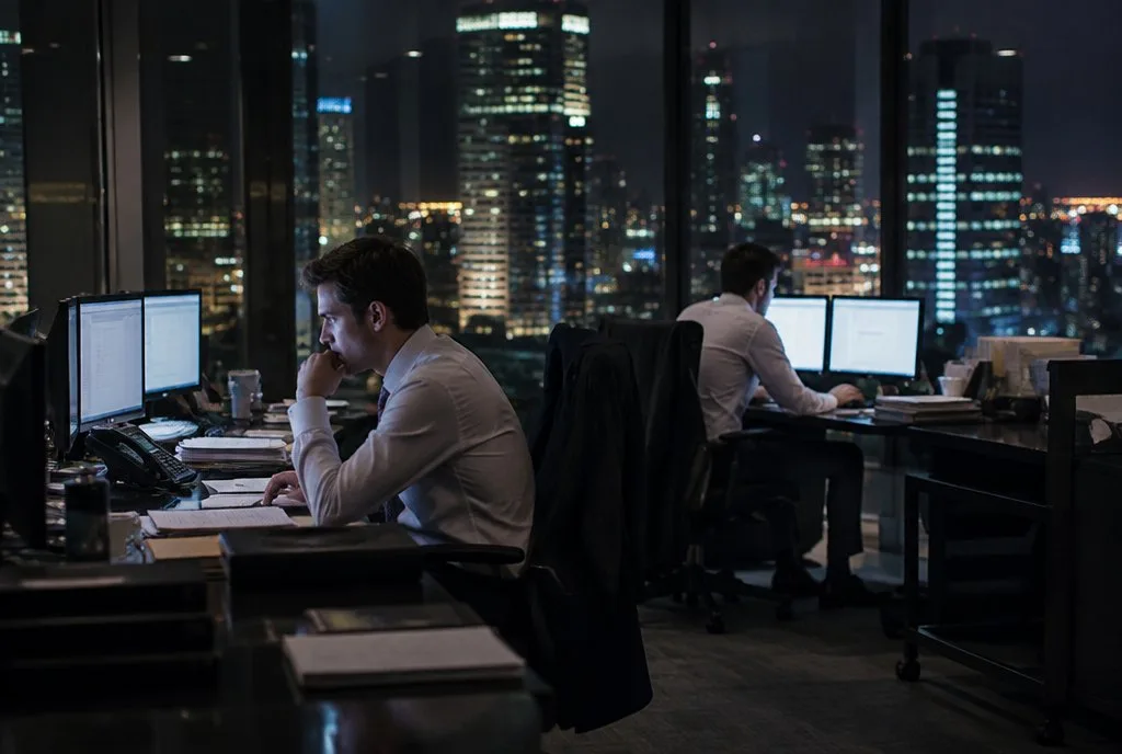 Investment Banking Operations investment bankers working late at desks with city lights outside