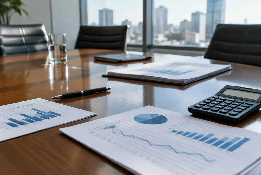 Private Equity Compensation Structure financial documents with charts and a calculator on a boardroom table