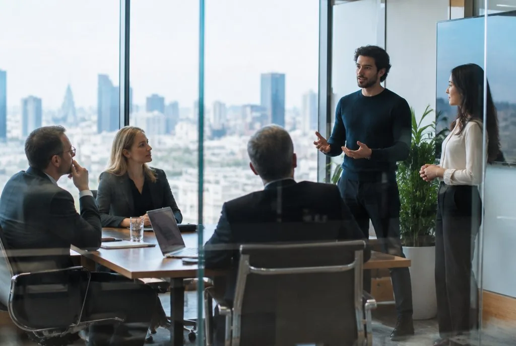 Private Equity Funding Sources founders pitching to investors in a glass meeting room