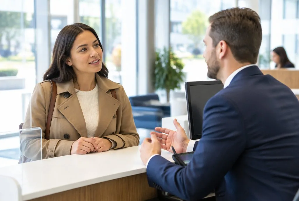 Retail Banking Operations customer talking to an advisor at a bright retail bank branch counter