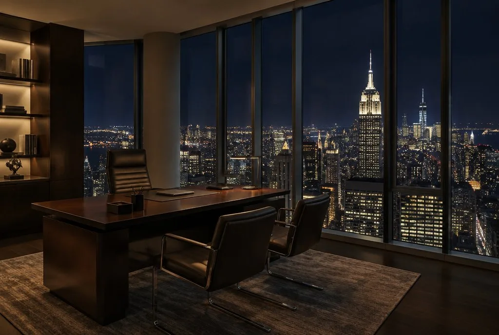 Top Ten Hedge Fund Managers empty executive office with a view over Manhattan at night