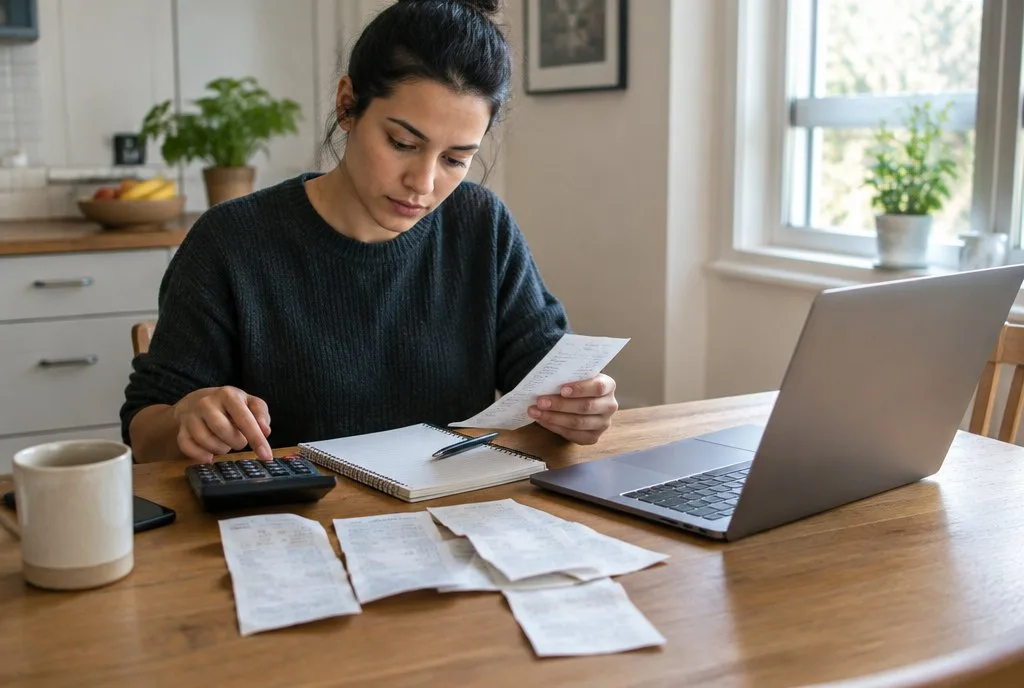 person budgeting at a kitchen table with receipts and a laptop